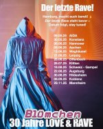 Bl&uuml;mchen is seen from the back, wearing a long, flowing hooded coat with the letter B visible. A schedule of dates and cities is listed, announced by 